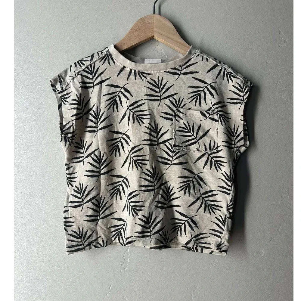 Zara All Over Palm Leaf Print Tee 2T Beach Resortwear Cream  Cap Sleeve Pocket